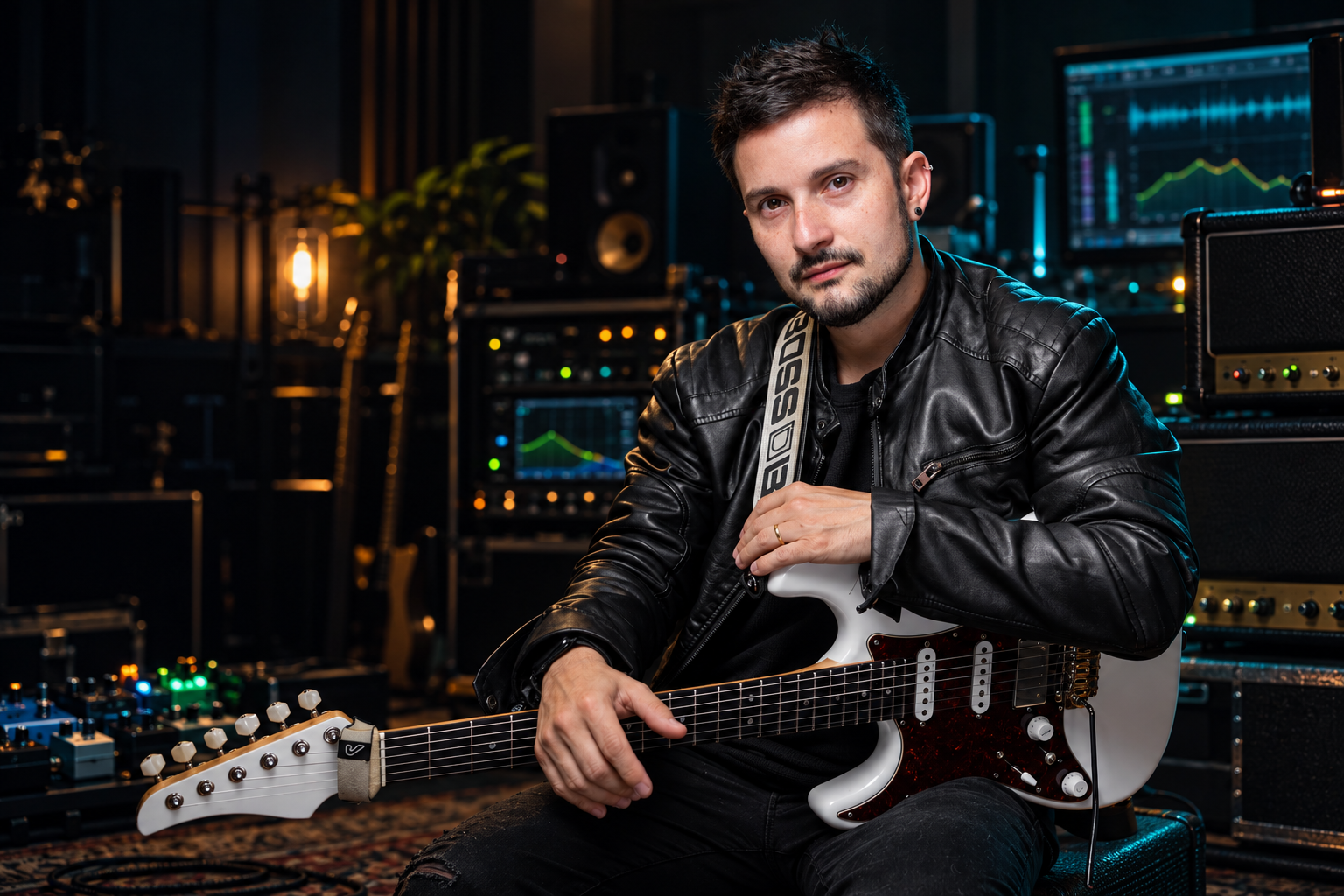 Eric Paulussi com sua guitarra em um estúdio cercado por amplificadores e equipamentos